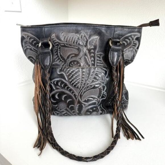 Patricia Nash Tooled Leather Tote Black Brown Fringe Handles Boho Western Bag - Picture 1 of 10